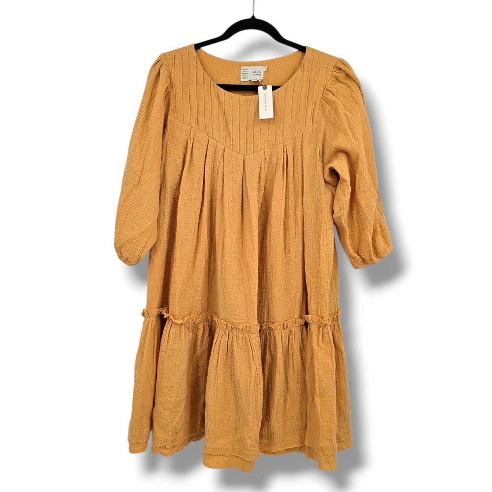 Anthropologie Saturday Sunday Gold Cotton Gauze Tiered Babydoll Dress Size Small